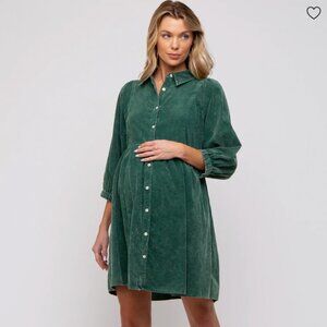 Green Corduroy Button Down Collared Maternity Dress